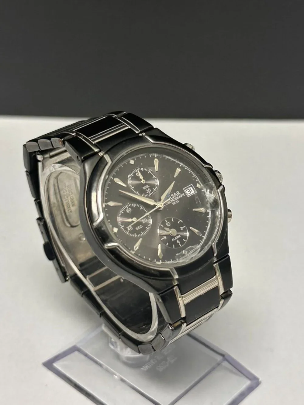 Pulsar Chronograph Mens Watch 38mm Damaged Crystal YM62-X144 New Battery 7.25